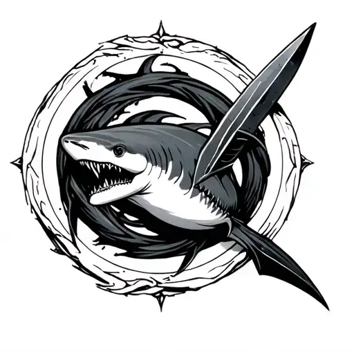 Hammerhead Shark Curled Up In Circle Shape Inside A Circle Inside A Dark Blade Dagger Forearm