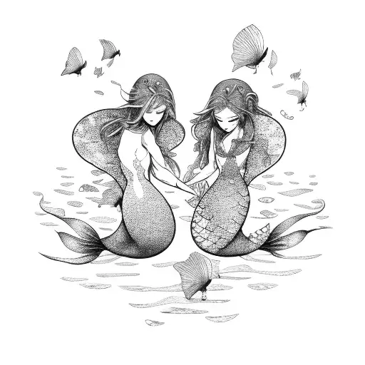 Mermaid And Fairy Flying Above Touching Fingers