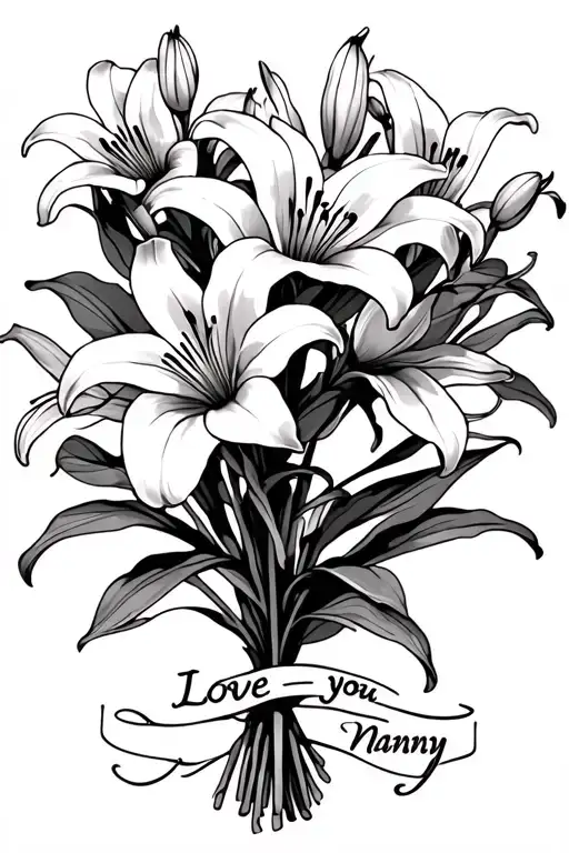 A Bouque Of Lilies With I Love You Nanny Under The Stem