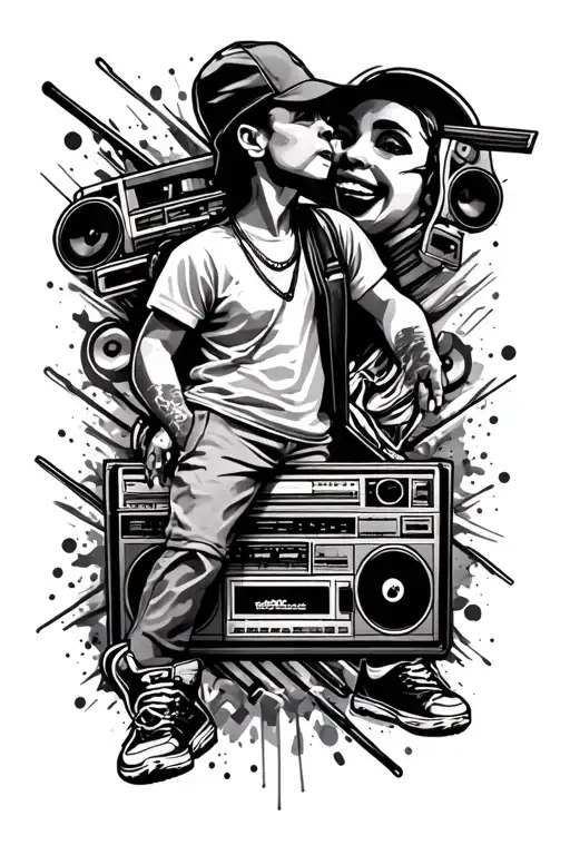 Half Sleeve Tattoo With Boombox And Animated Hiphop Dancer With Contrast And 3D Effects