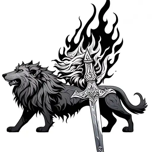Half Lion And Wolf With Sword Background Mandala With Fire