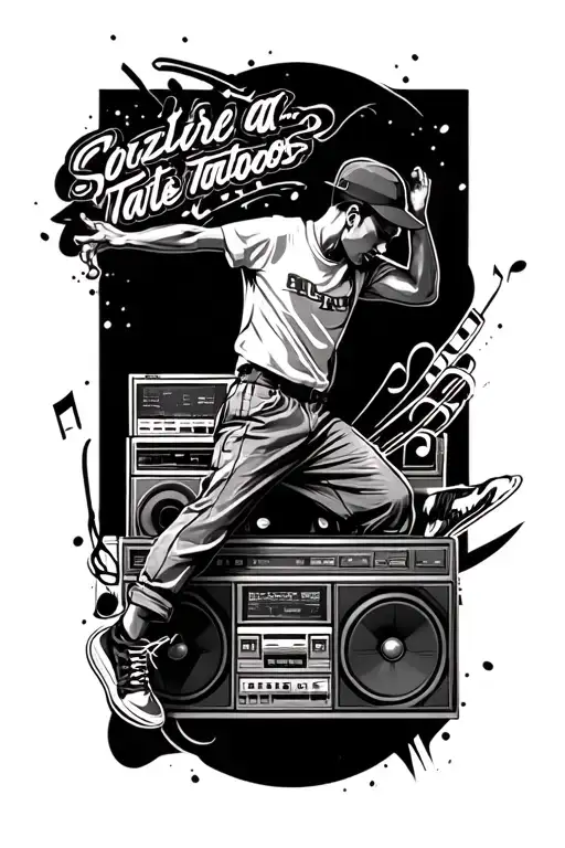 Half Sleeve Tattoo With Boombox And Funky Bboy Dancer And Music Concept With Contrast And Realism