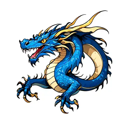 Blue Ink Dragon With Gold Outline Tattoo Design