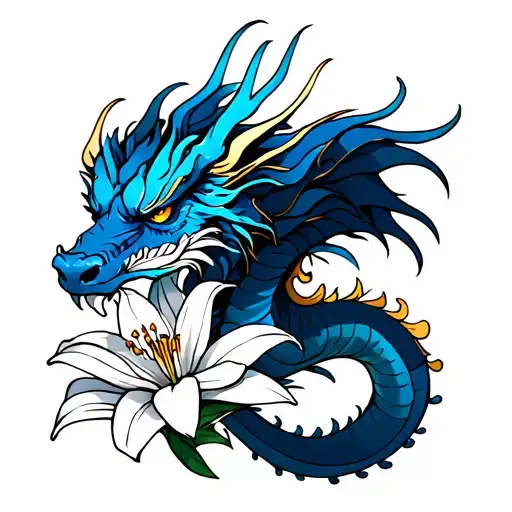 Blue Ink Dragon With Gold Outliner And White Lily Flower