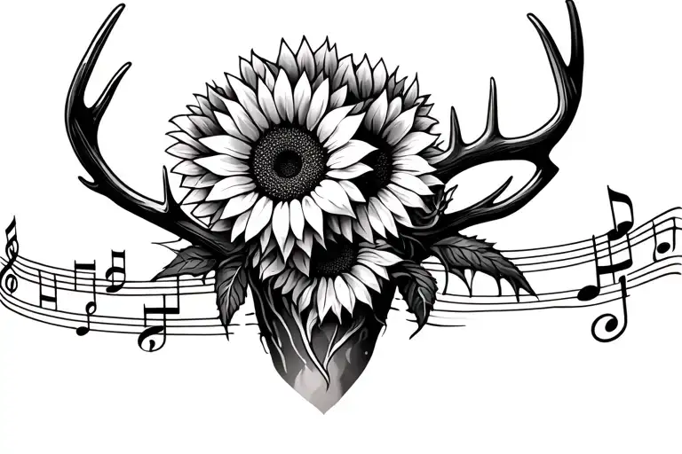 Sunflowers Wrapped In Antlers Surrounded By Music Notes On Hip