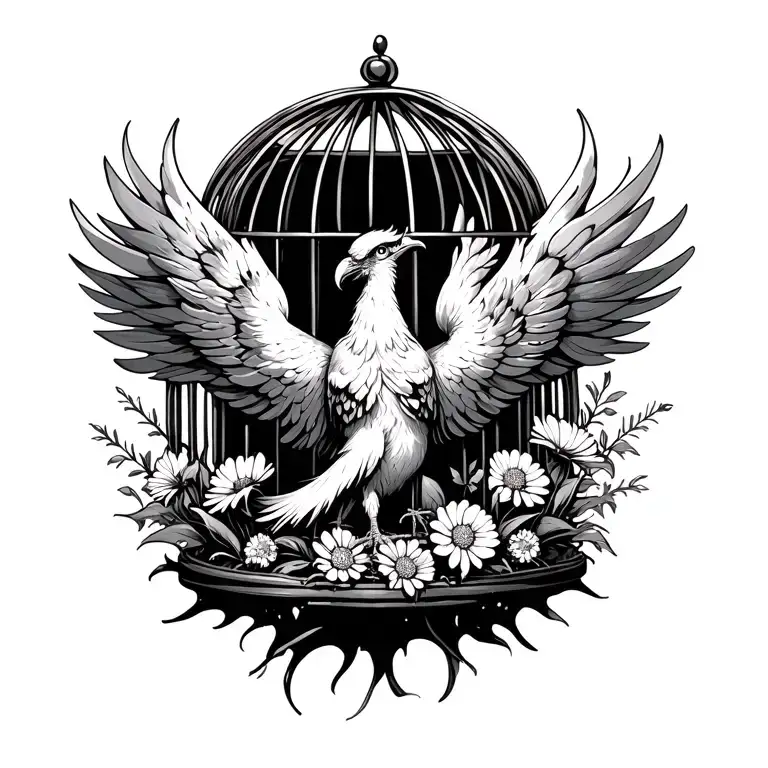 Caged Phoenix Busting Out Of The Cage With Wildflowers Around It