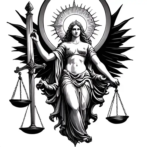 Lady Justice Holding Sword And Scales With Sun And Moon