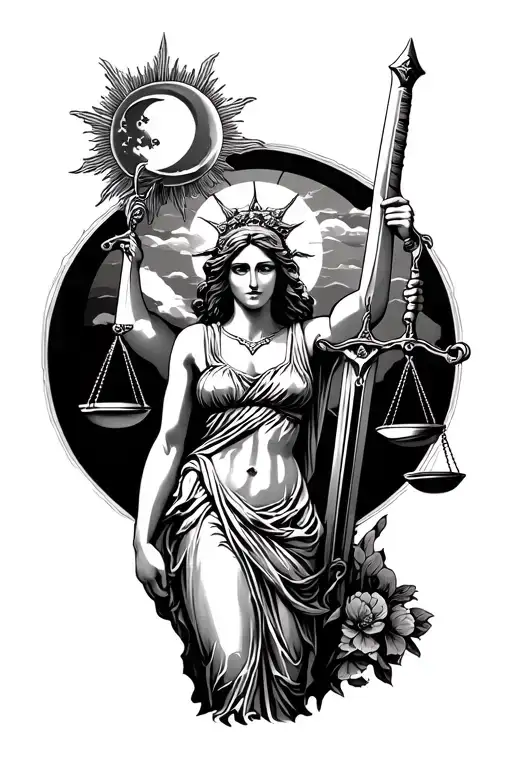 Lady Justice Holding Sword And Scales With Sun And Moon