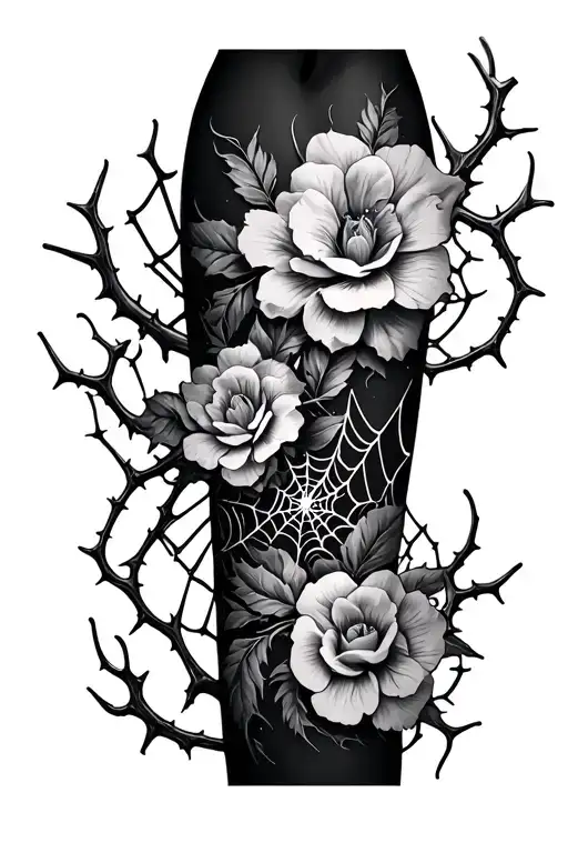 Gothic Arm Sleeve With Flowers And Thorns With Spider Web