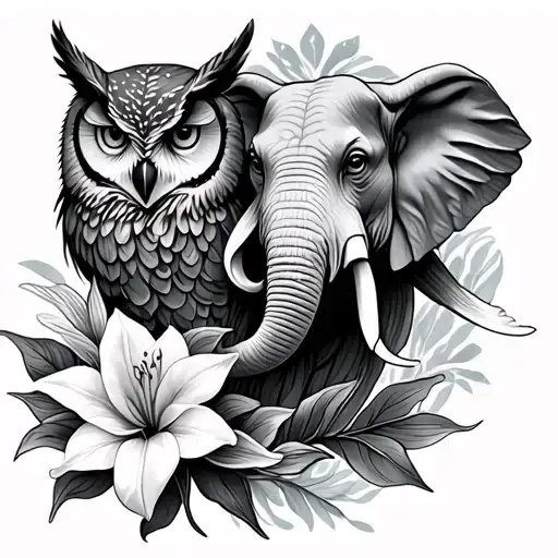 Koi Fish And Wolf And Elephantand Owl With Amaryllis Flowers