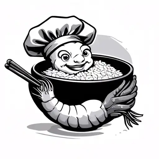 A Shrimp Wearing A Chefs Hat Holding A Wok With Rice In It