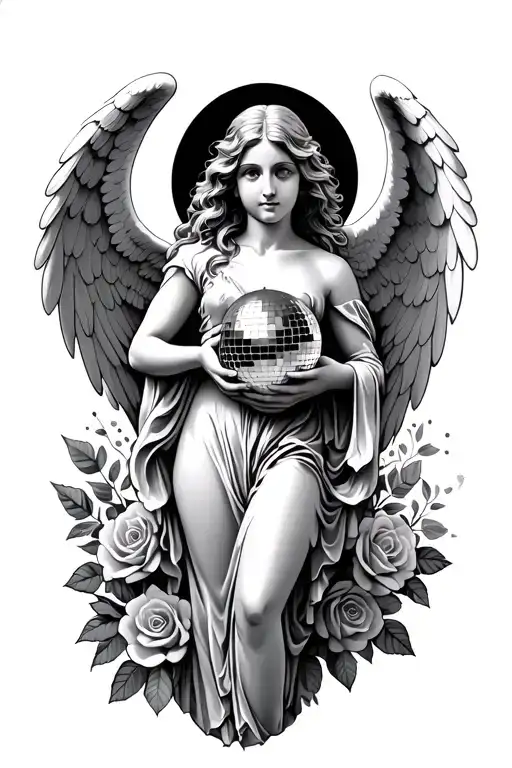 Guardian Angel Holding A Disco Ball With A Background Of Roses And Leaves