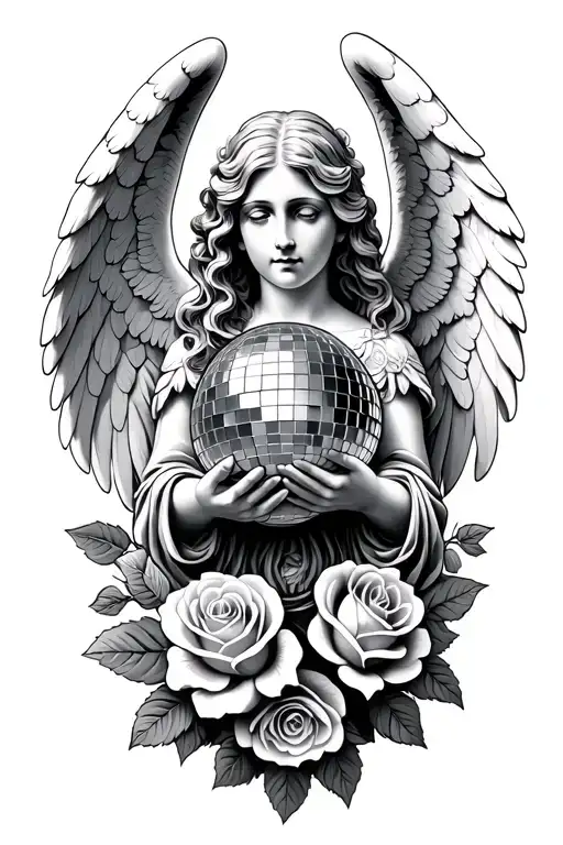 Guardian Angel With Porcelain Face Holding A Disco Ball With A Background Of Roses And Leaves