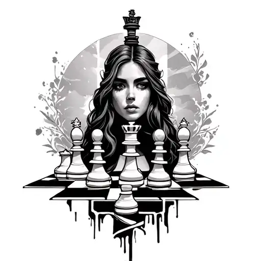 Chess Pieces With Chess Board Behind And Woman's Face Above