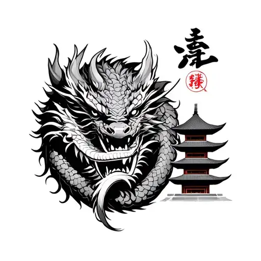 Dragon Wrapped Around A Samurai Warrior Mask And A Japanese Temple In The Background