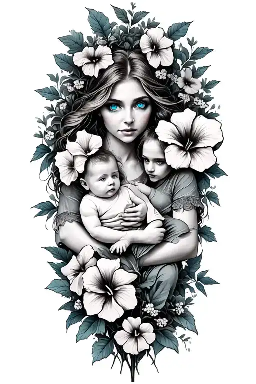 Lady With Blue Eyes Holding A Baby In A Field Of Morning Glory Flowers