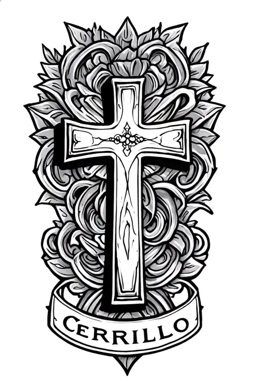 Cerrillo Last Name Tattoo Fine Lining With Cross