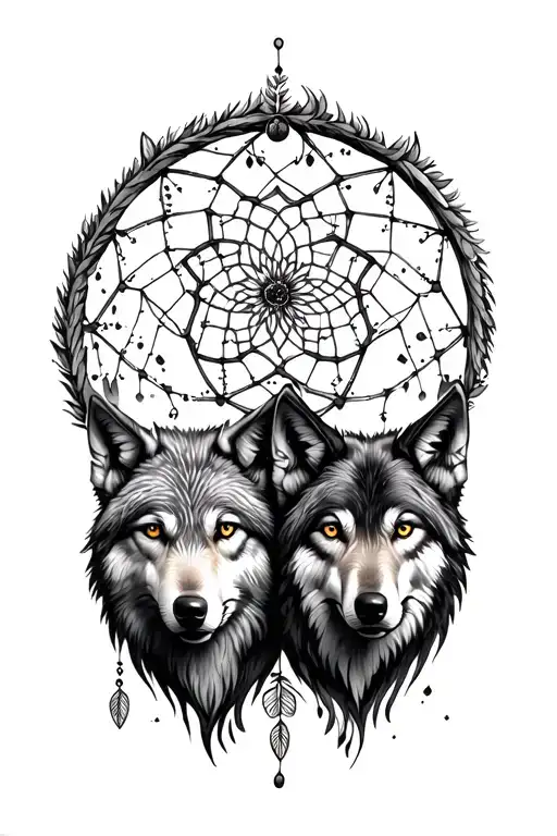 Two Wolfs Face With Dreamcatcher Behind
