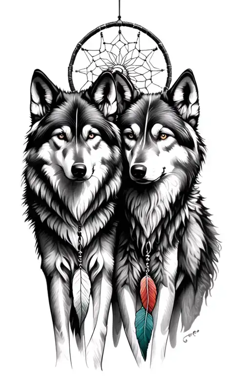 Two Detailed Wolfs With A Dreamcatcher