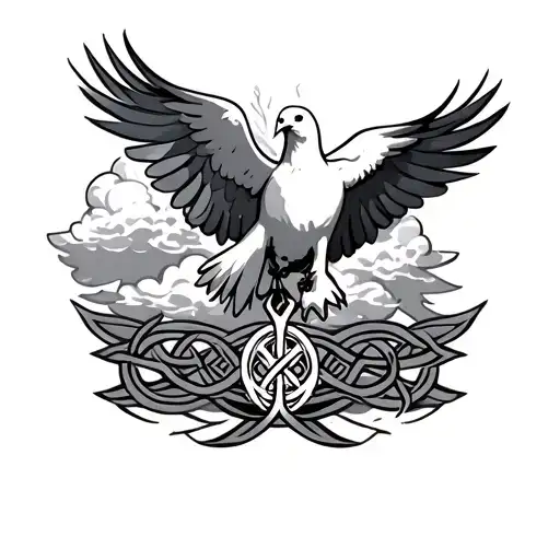 Clouds With One Dove And A Celtic Band In The Clouds And A Celtic Fire Symbol