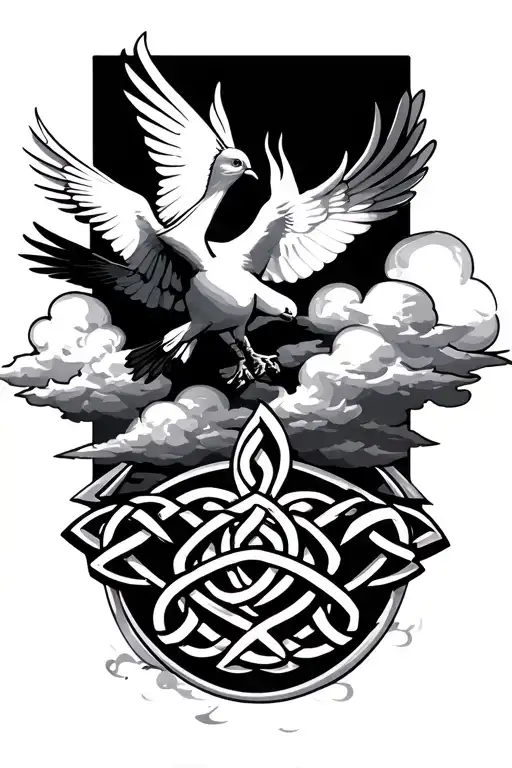 Clouds With One Dove And A Celtic Band In The Clouds And A Celtic Fire Symbol
