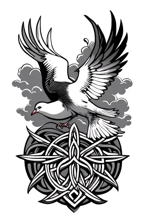 Clouds With One Dove And A Celtic Band In The Clouds And A Celtic Fire Symbol