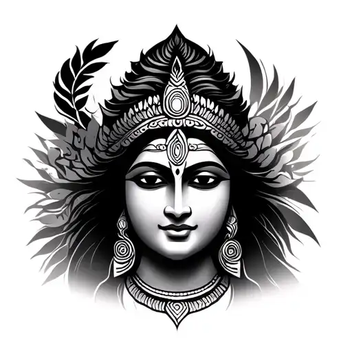 Drum On One Side And Shakti Goddess Face On Other Side Symbolizing Union Of Shiva Shakti