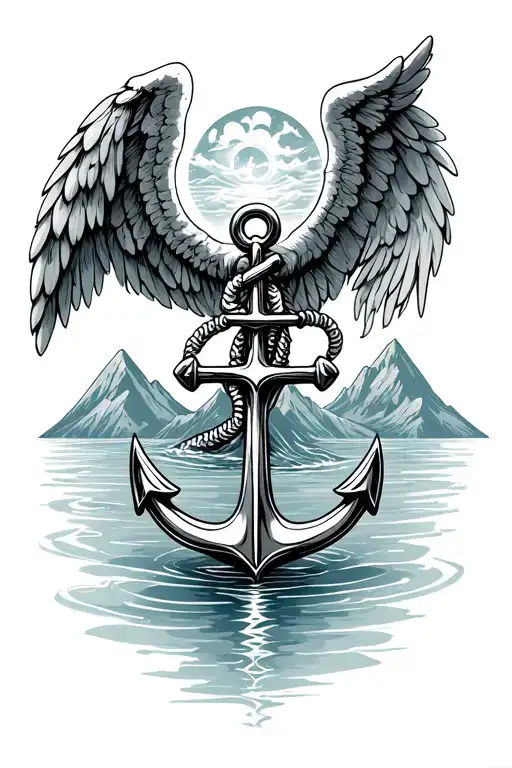 Anchor And Water At The Bottom Flowing Into Mountains And An Angel Above The Mountains