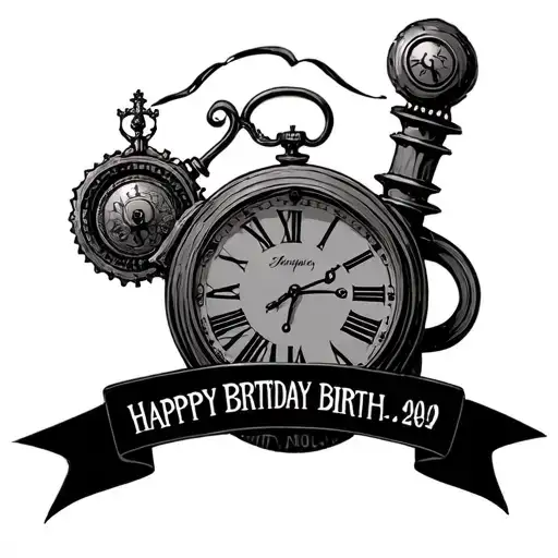 Steam Punk Birthday Clock With Date Of Birth Ribbon Below Clock And Name