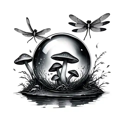 Crystall Ball With Mushrooms And Dragonfly