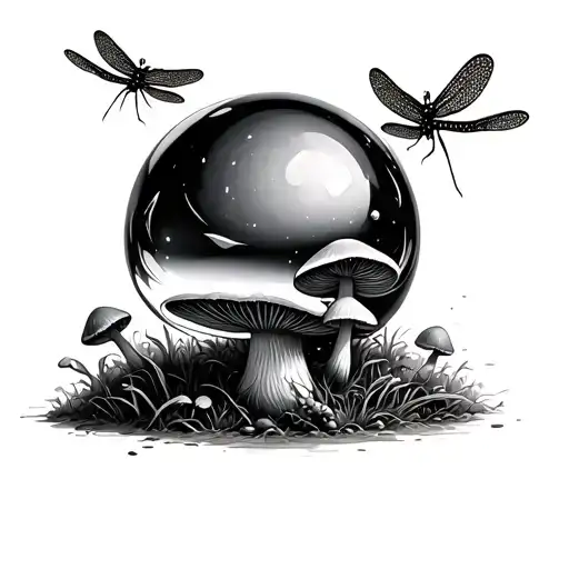 Crystall Ball With Dragonfly On Mushrooms