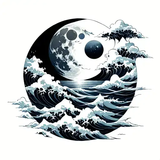 Japanese Moon Phases With Ocean Waves And Clouds