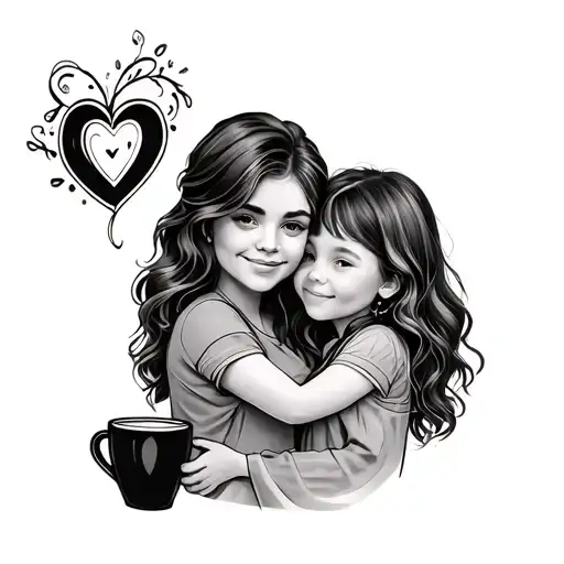 Mom And Daughter Hug With Coffee Cup