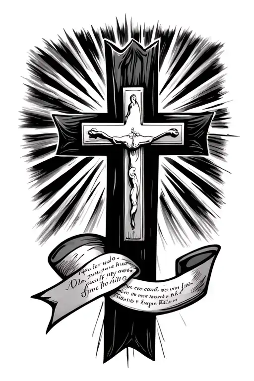 Cross With Beams Of Light Coming From Behind It With A Ribbon With A Bible Verse On It