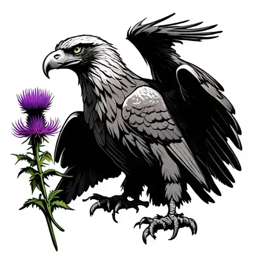 German Iron Eagle Holding Purple Thistle In Its Talons