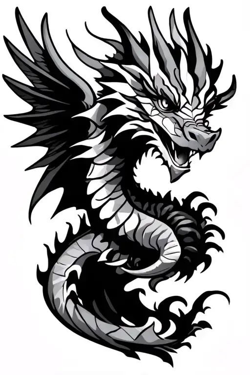 Side Portrait Of Tribal Dragon With Wings Long Tail And Pretty