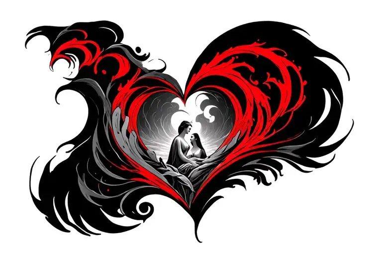 Red Waves Parting In A Subtle Heart Shape In A Neo Tribal Style With Moses And A Woman In The Middle
