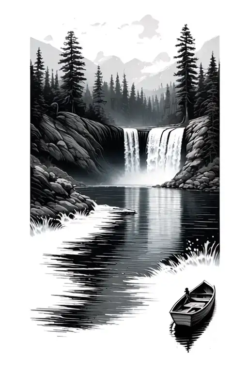 Waterfall Followed By A Long River With A Small Boat