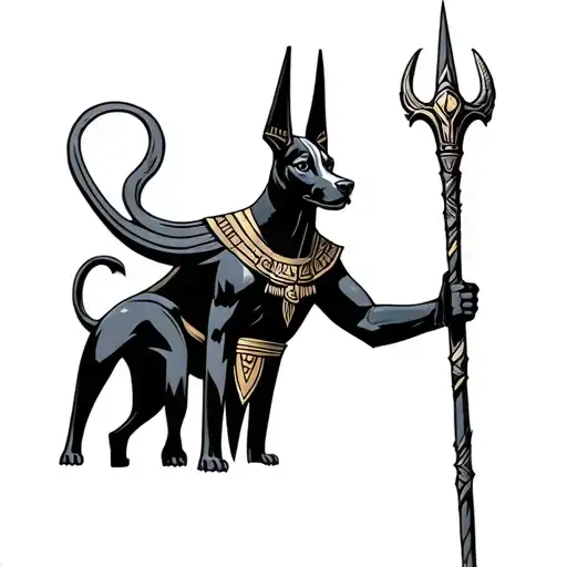 Anubis As The Dog Verison Full Black With Whole New World In One Hand With His Staff
