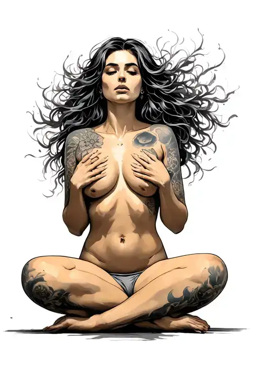 Brown Harrige Naked Woman Who Spreads Her Legs And With Her Fingers Her Labia With C Cup Breasts