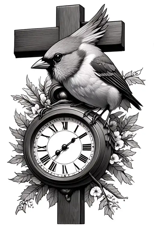 Cardinal Bird On Cross With Clock And Fill In Tge Rest