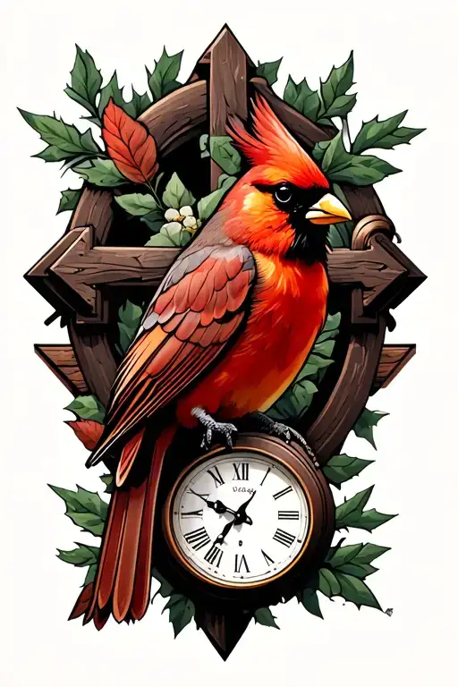 Cardinal Bird On Cross With Clock And Fill In The Rest With Western Stuff All Of It Realistic