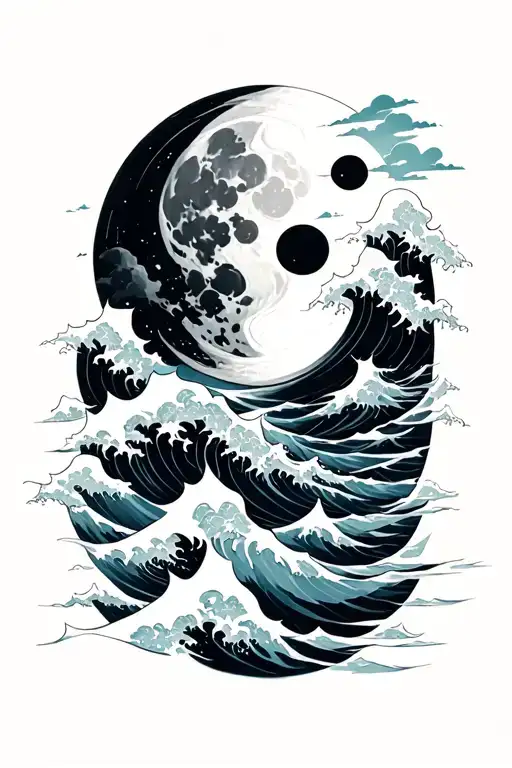 Japanese Moon Phases Above Ocean Waves With Clouds
