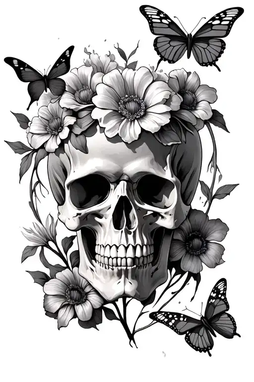 Iris Skull Sorrounded By Flours Butterflies And Demons