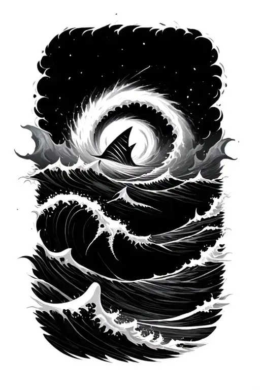 Hurricane With Waves And A Shark Fin And Tentacles Showing In The Ocean