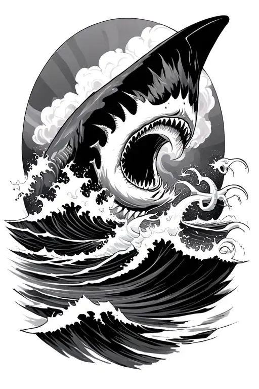 Hurricane With Waves And A Shark Fin And Tentacles Showing In The Ocean