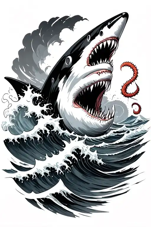 Hurricane With Waves And A Shark Fin And Tentacles Showing In The Ocean
