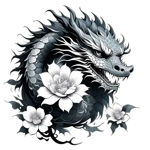 Japanese Dragon With Flowers
