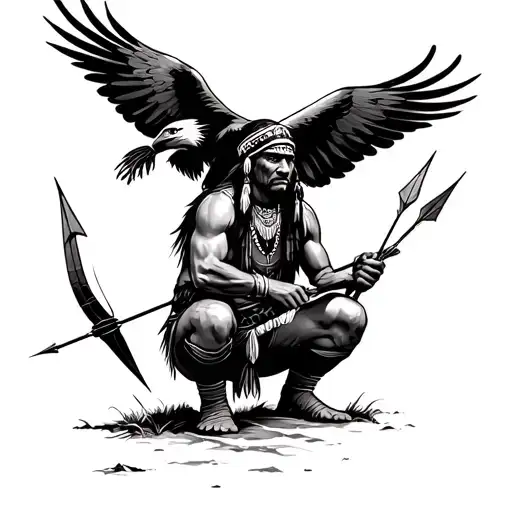 A Crouching Indian Holding A Broken Arrow With Two Arrows In A Quiver And An Eagle Flying Overhead