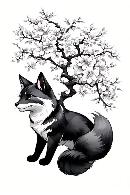 Japanese Kitsune With Sakura Tree